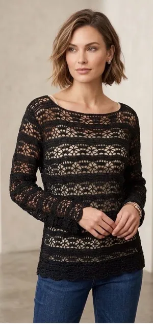 Laura Ashley Black Linen-Blend Crochet Knit Mesh Top thumbnail 1