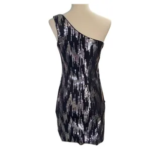 Charlotte Russe Womens Dress Sz S One Shoulder Black and Silver‎ Sequin Mini thumbnail 3