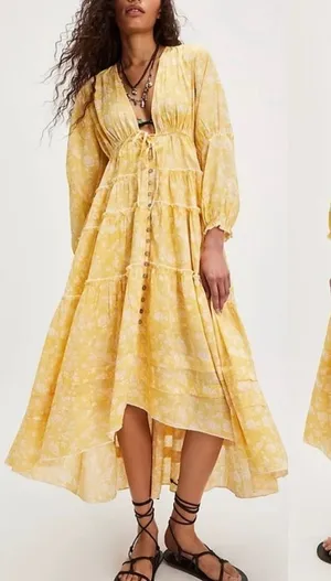 NWOT Free People Pappiet Midi Shirt Dress Sunshine Combo Sz XS thumbnail 1