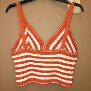 No Comment NY LA V Neck Crochet Striped Crop Tank Top Orange White Juniors XL thumbnail 2