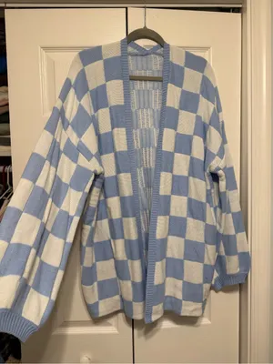 SHEIN Checkered Pattern Drop Shoulder Cardigan Sweater Blue & White Size XL thumbnail 1