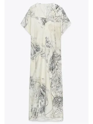 ZARA WOMAN FLOWING ZW COLLECTION PRINTED maxi‎ DRESS ECRU BLACK thumbnail 3