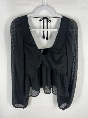 Anthropologie Black Sheer Peplum Blouse Size L Swiss Dot Long Sleeve thumbnail 2