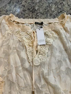 Charming Lace-Trim Sheer Peasant Blouse - Cream with Gold Thread Accents thumbnail 2