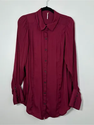 Free People Burgundy Button Front Blouse Women’s Large Puff Sleeve Cuff Top thumbnail 1