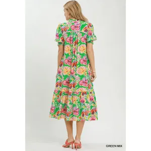 Umgee Floral Print Puff Sleeve Tiered Midi Dress -‎ Green Mix - Large thumbnail 4