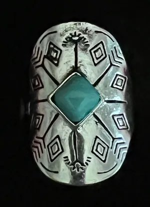 Women’s Stainless Steel Silver Aztec Faux Turquoise Embellished Ring Size 7 thumbnail 1