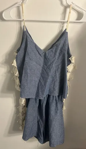 Blue Romper with White Lace Side Trim thumbnail 1