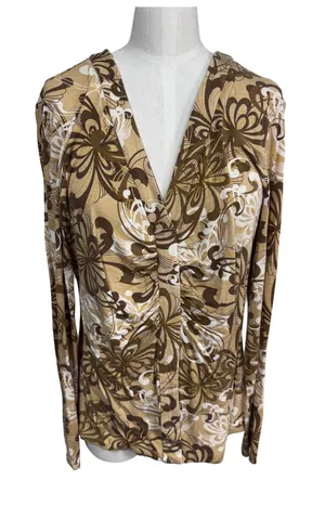 New York & Company Large Brown Floral Top Women's Long Sleeve Ruched‎ V-Neck thumbnail 1