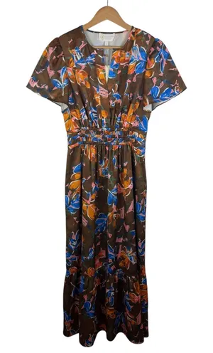 NWT Sheridan French Brown Floral Maxi‎ Dress Small Smocked Waist Flowy Resort thumbnail 1
