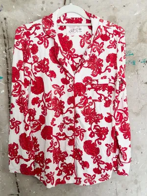 The Cat's Pajamas Chrysantheme Pima Knit Cotton Classic Pajama Set in Red thumbnail 4