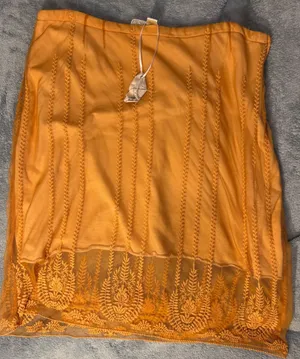 Polagram Orange Mesh Embroidered Lace Midi Skirt XL Floral Boho Sheer Hem thumbnail 1