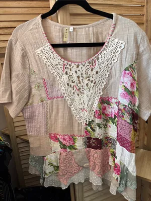 Marilu Boho Patchwork Crochet-Trim Women's Top - Beige with Pink Floral Large thumbnail 1