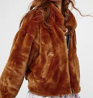 Free People $168 Faux Fur Furry Bomber Jacket Terracotta Golden Brown Size S thumbnail 1
