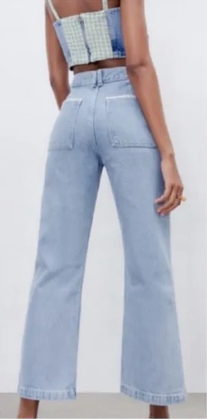 Zara‎ High Rise Tweed Trim Jewel Button Crop Wide Leg Light Wash Jeans thumbnail 1