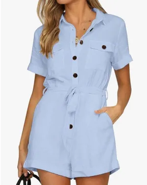 NEW 100% Cotton Pockets Romper Button Short Sleeve L NO BELT Light blue 100% Co thumbnail 1
