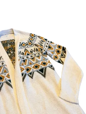 Maurices Cream Long Length Cardigan Sweater Open Front Tribal Fair Isle Medium thumbnail 6