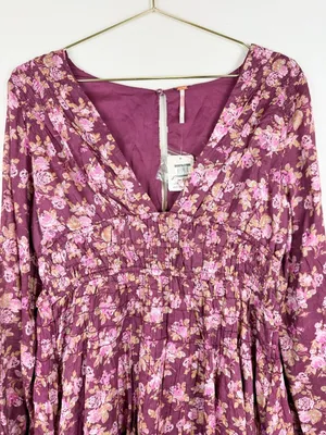NWT Free People Keep You Mini Dress in Berry Combo Long Sleeve Floral Size Small thumbnail 9