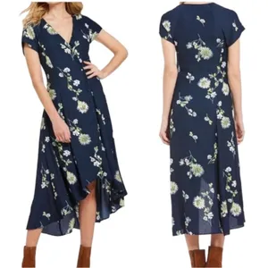 Free People Lost in You Navy Blue‎ & Yellow Floral High Low Midi Dress thumbnail 2