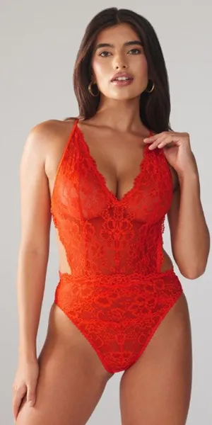 Savage x Fenty Floral Lace Teddy Red Tempo Large Bodycon Fitted Mesh Lace‎ thumbnail 1
