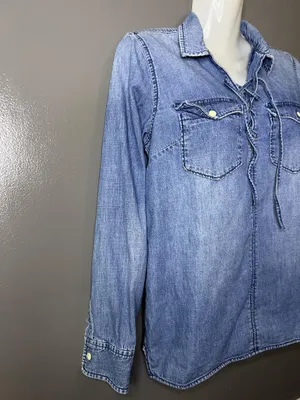 Madewell Blouse Womens XS Blue Chambray Lace Up Long Sleeve Tunic Top Denim thumbnail 3
