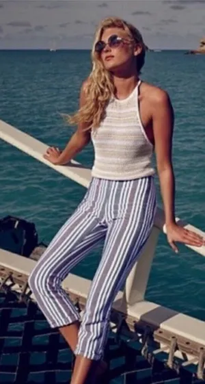 Free People‎ Mod Blue & Red Stripe Linen Crop Pants 2 thumbnail 1