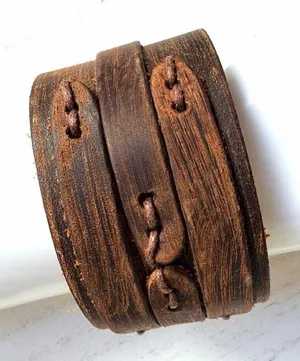 Distressed Brown Leather Cuff Bracelet Rustic Wide Snap thumbnail 1