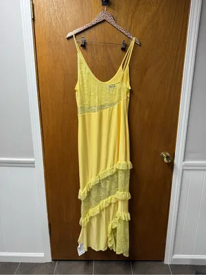 ASOS Cami Strap Lace Panel Maxi Dress Ruffle Detail Pastel Butter Yellow 12 NEW thumbnail 14