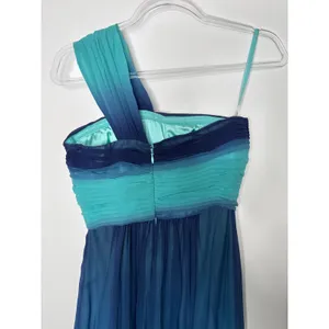 2000s BCBG Max Azria Teal Blue Ombre One-Shoulder Chiffon Evening Gown – Size 0 thumbnail 8