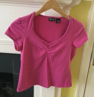 New York & Company Y2K Center Ruched Cinched Pink V-neck Top - Sz Medium thumbnail 1