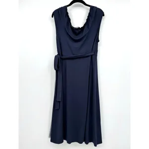 COTE FEMME Navy Blue Wrap Midi Dress Sz 14/16 V-Neck Sheer Trim Preppy Feminine thumbnail 2
