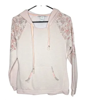 American Rag Cie Womens Pink‎ Floral Embroidered Beaded Knit Hoodie Sweatshirt S thumbnail 1