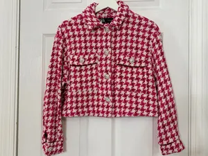 Zara XS Pink White Houndstooth Cropped Tweed Jacket Rhinestone Buttons Preppy Chic thumbnail 2