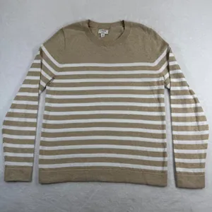 J.Crew Teddie‎ Sweater Womens Medium Tan White Striped Cotton Crewneck CG827 thumbnail 1