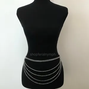 Y2K Glam Silver Rhinestone Draped Chain Belt, Fits 18–42 Inches, X7GA1196 thumbnail 3