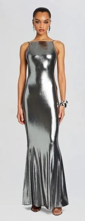Retrofête‎ Romilly Metallic Maxi Dress Gunmetal Size L thumbnail 1
