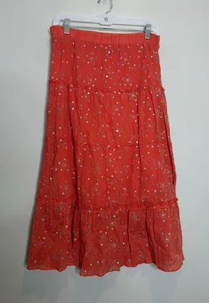 Vintage LEI Orange Sequin Embroidered Tiered Maxi Skirt Y2K Boho Festival M thumbnail 1