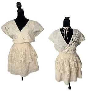 AE Cottagecore BOHO Eyelet Lace Ruffle Tiered Smocked Wrap Mini‎ Dress Size M thumbnail 2