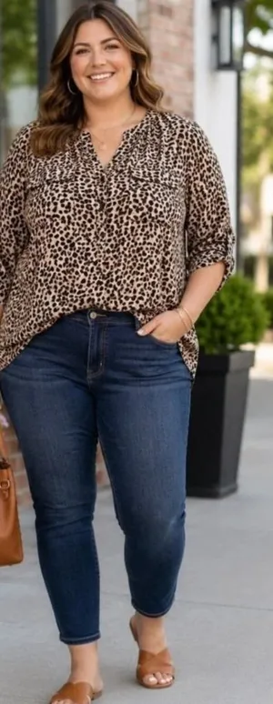 Torrid Harper Leopard Print Pullover Blouse 1 1X 14 16 Georgette Roll Tab Sleeve thumbnail 1