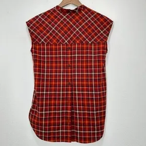 Pendleton Western Blouse Size M Orange Brown Plaid‎ Capsleeve Tunic Button Back thumbnail 2