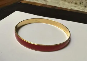 Vintage Crown Trifari Red enamel Gold Tone Bangle Bracelet Signed 8 Inch thumbnail 5