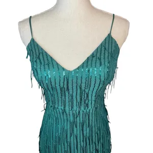 City studio green sequin gown formal prom emerald gala sleeveless fringe thumbnail 3