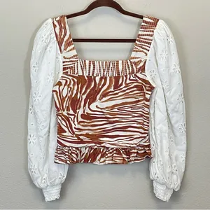 Love the Label by Anthropologie Zebra Long Sleeve Smocked Crop Top Size XS‎ thumbnail 4