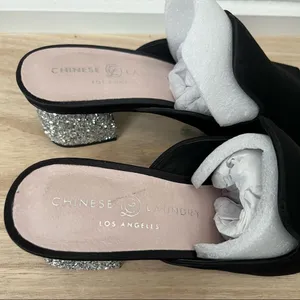 Chinese Laundry Black Glitter‎ Mara Satin Slip On Mules 6.5 thumbnail 4