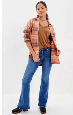 American Eagle Green Orange Plaid Fleece Flannel Oversized Button-down Shirt XS thumbnail 3