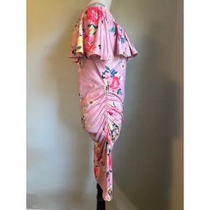 Pink Floral Off Shoulder Ruffle Ruched Bodycon Dress M boho Y2K whimsi dainty re thumbnail 3