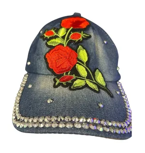 Y2K Denim Rose Baseball Cap Rhinestone Floral Coquette Western Bling Hat thumbnail 1