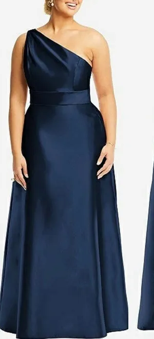 NEW ALFRED SUNG D815 DRAPED ONE-SHOULDER SATIN MAXI DRESS POCKETS NAVY sz 14 thumbnail 1