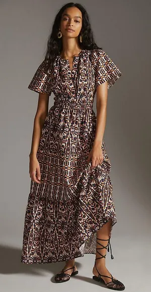 Anthropologie Maeve Somerset Maxi Dress Printed Short Sleeve Brown XS thumbnail 1