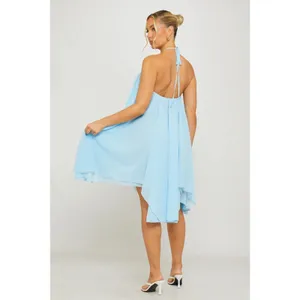 Light Blue Chiffon Halter Flutter Babydoll Asymmetric Mini Dress S thumbnail 3